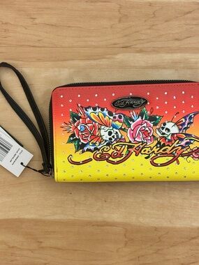 Ed Hardy Yellow-Orange Ombre Wristlet Wallet with Floral Skull Art